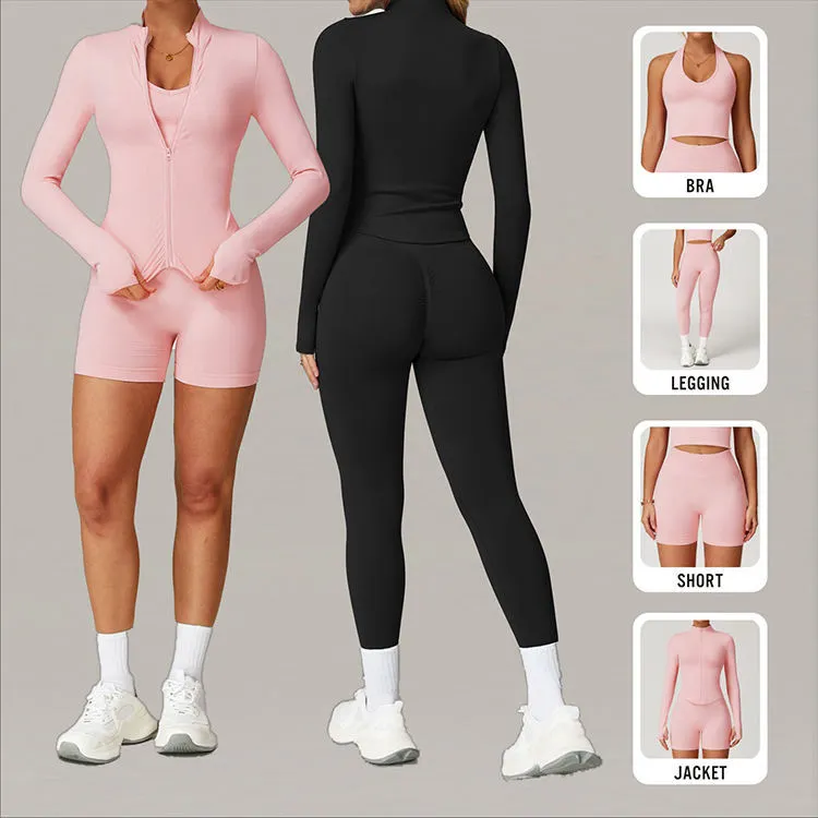 Womens Slim Fit Sports Yoga Top Breathable Full Zip Cropped Jacket with Stand Collar Front Logo for Running Sportswear