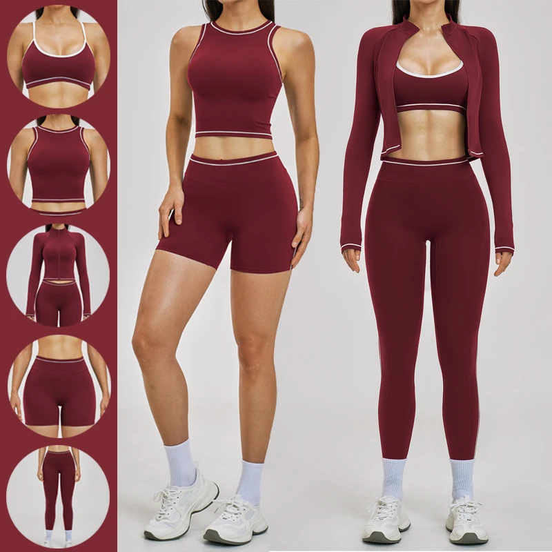 2026 Fall Activewear 5 Piece Yoga Long Sleeve Jacket Set Slim Fit Workout Clothes For Gym Running Pilates Women