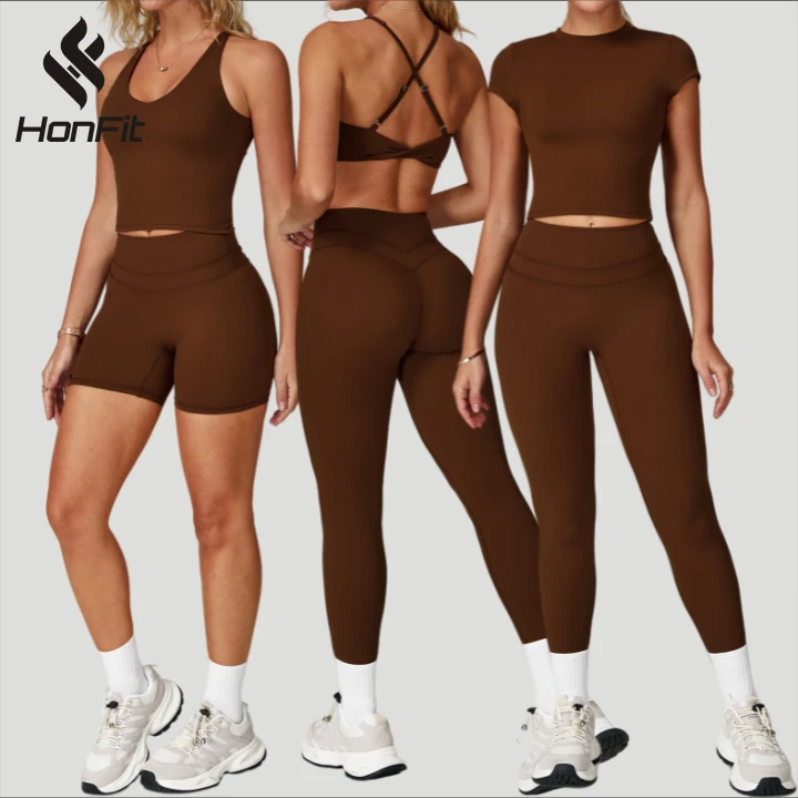HONFIT High Quality 5 Piece Active Wear Sets Brushed Tights Beauty Back Yoga Suit Seamless Quick Dry Sportswear Gym Fitness Sets