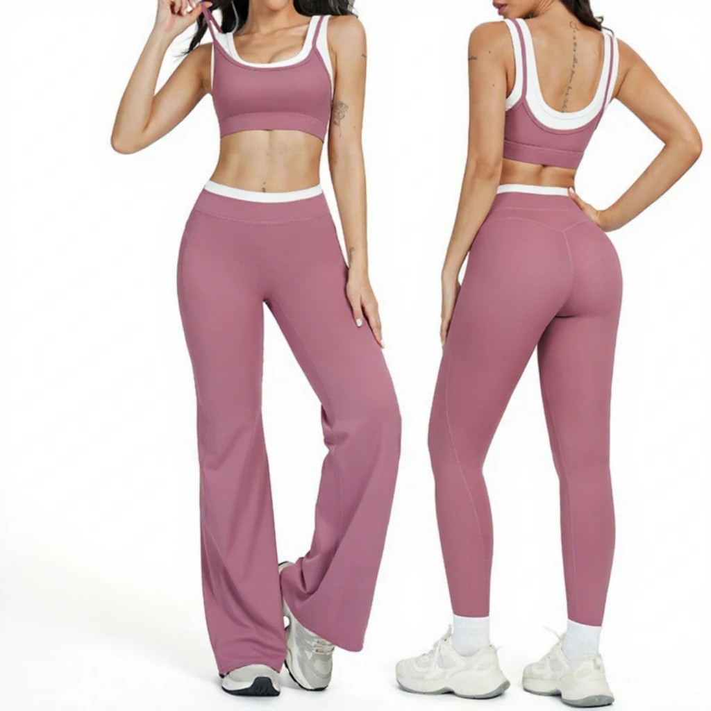 Women's Seamless Ribbed High Waist Yoga Fitness Set Two-Piece Solid Contrast Color Breathable Sheer Workout Outfit