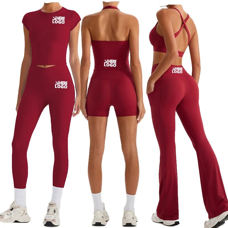 EnovStars Custom 6PCS Activewear Set Halter Tank Deep V Bra Open Back Tee Shorts Leggings Flare Pants Removable Cups Gym Yoga