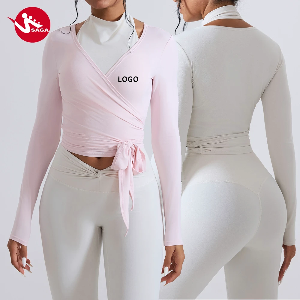 Women's New Lady Ballet Style Long Sleeve Slim Cross Gather Crop V Neck Top Solid Color Running Fitness Shirt for Gym & Workout