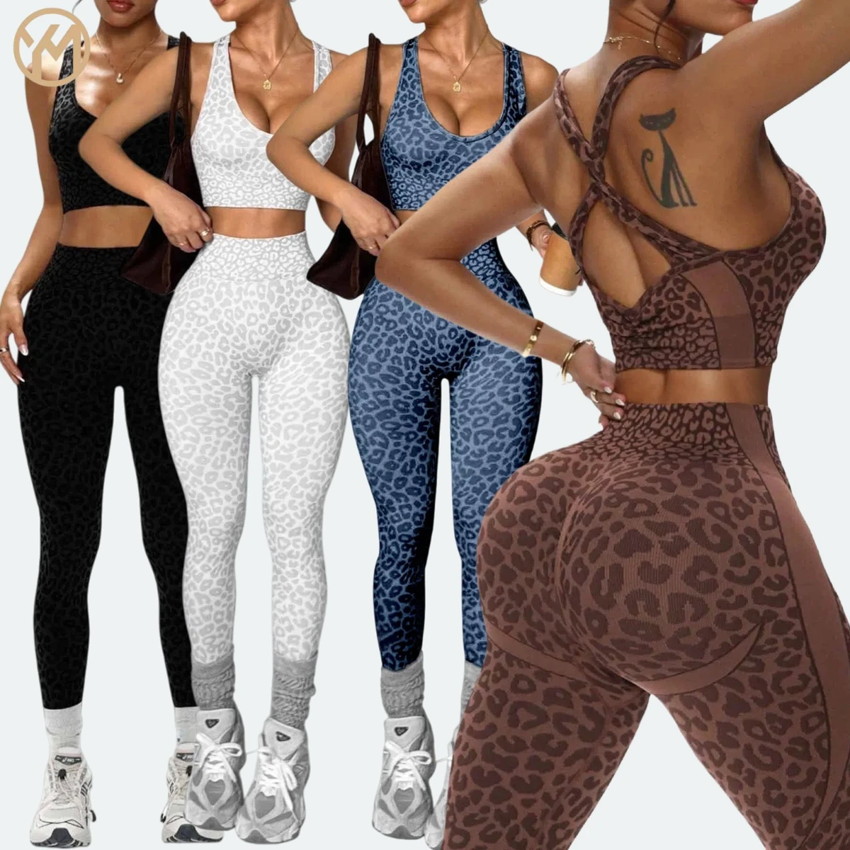Yimo Leopard Fashion Thick With Pad Cross Back Winter Yoga Set Female High Waist Scrunch Butt Outdoor Suit Lady Running Clothes