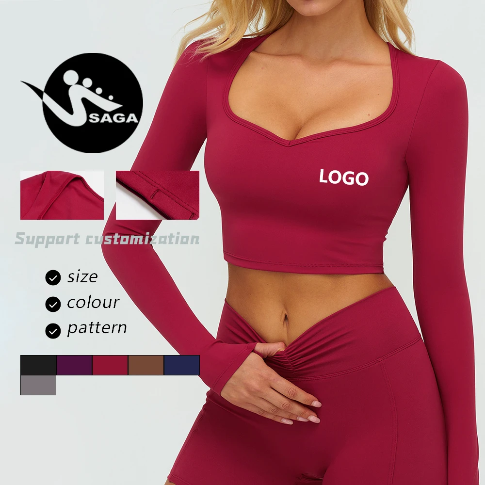 Custom Square Collar High Elastic Fabric Tight Slim Sport Comfortable Breathable Long Sleeve Cropped Women Gym Workout Yoga Top