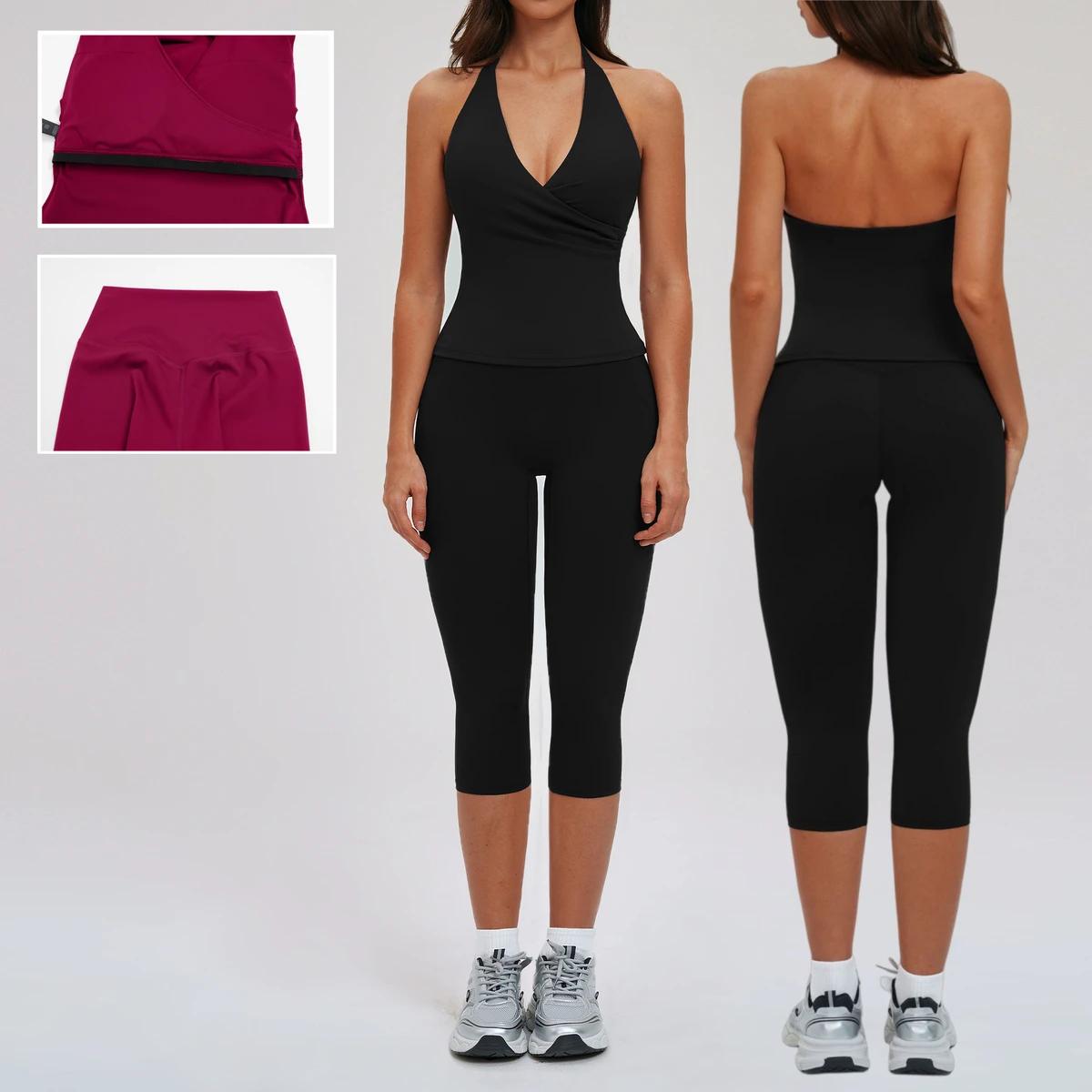 Halter Neck Workout Set Cross V Neck Sleeveless Top High Waist Lift Hips Capri Pants For Women Yoga Gym Fitness Outfit