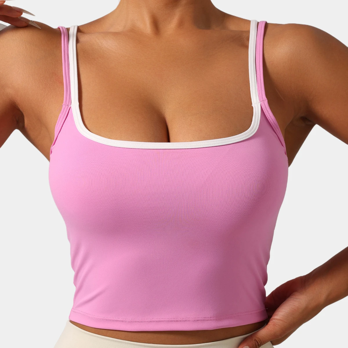 Lanyu Women's Lightweight Yoga Bra Solid Color Athletic Casual Top Breathable Stretchy Sports Tank Double Strap Clashing Front