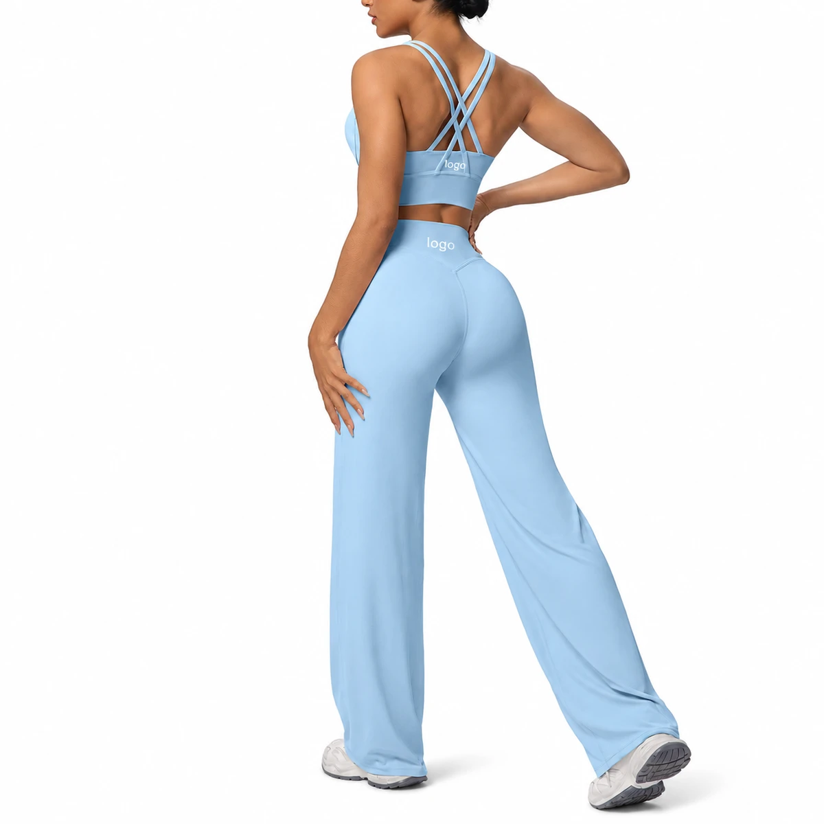 Custom Nylon Spandex High Waist Quick Dry Cross Back Women Yoga Set with Straight Leg Pants for Gym Yoga Fitness Workout
