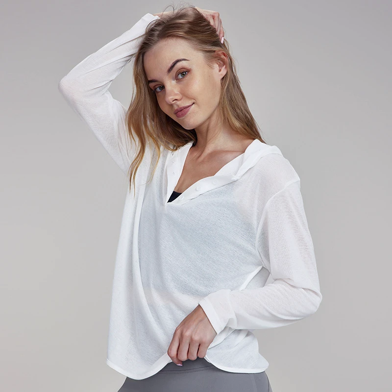 New Custom Logo Sexy Yoga Blouse Women's Breathable Quick Drying Mesh Sports Long Sleeve Blouse Running Fitness Top