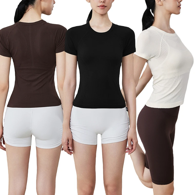 TX53001 Women Seamless Round Neck Short Sleeve Breathable Quick Dry Top Lightweight Tummy Control Yoga Tops