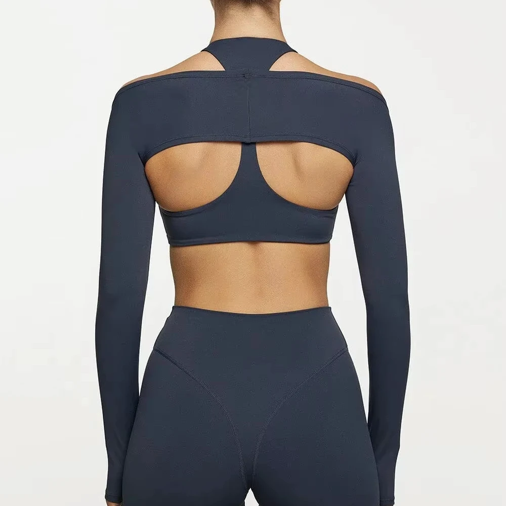 Yoga Top Four-Way Stretch Custom Solid Color Women's Yoga Sports Cam Shoulder Nylon Long Sleeve Running Fitness Sportswear