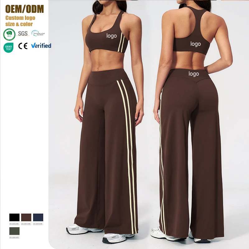 Women's Contrast Stripes Breathable Solid High Waist Yoga Suit 2 Piece Set Full Length Outdoor Sports Fitness Gym Sets