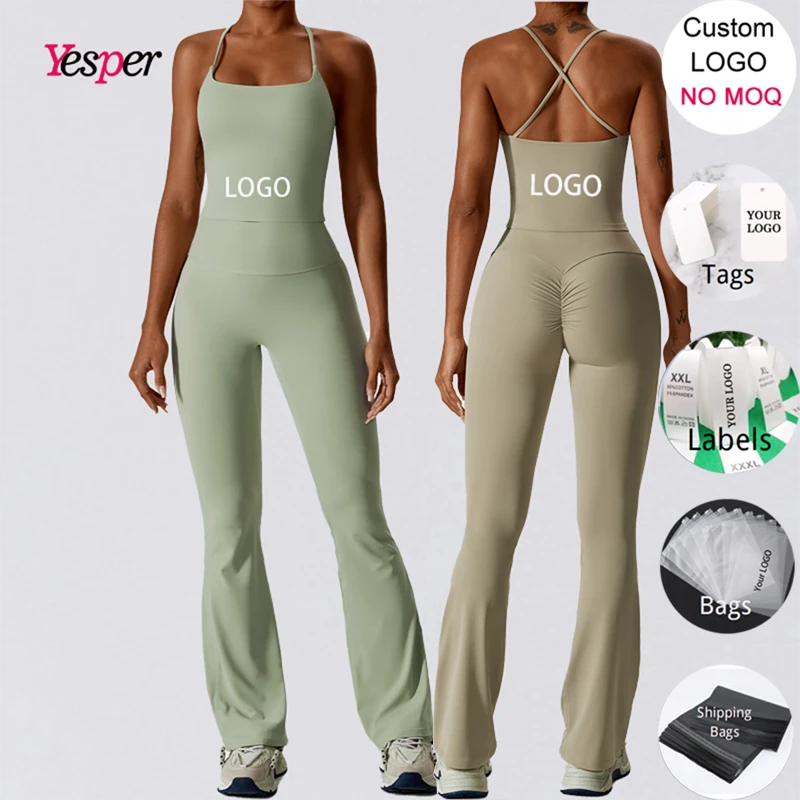 Women's Custom Logo Gym Activewear Yoga Sport Bra Flare Pant 2pcs Workout Pants For Women Flared Tank Top Leggings Sets
