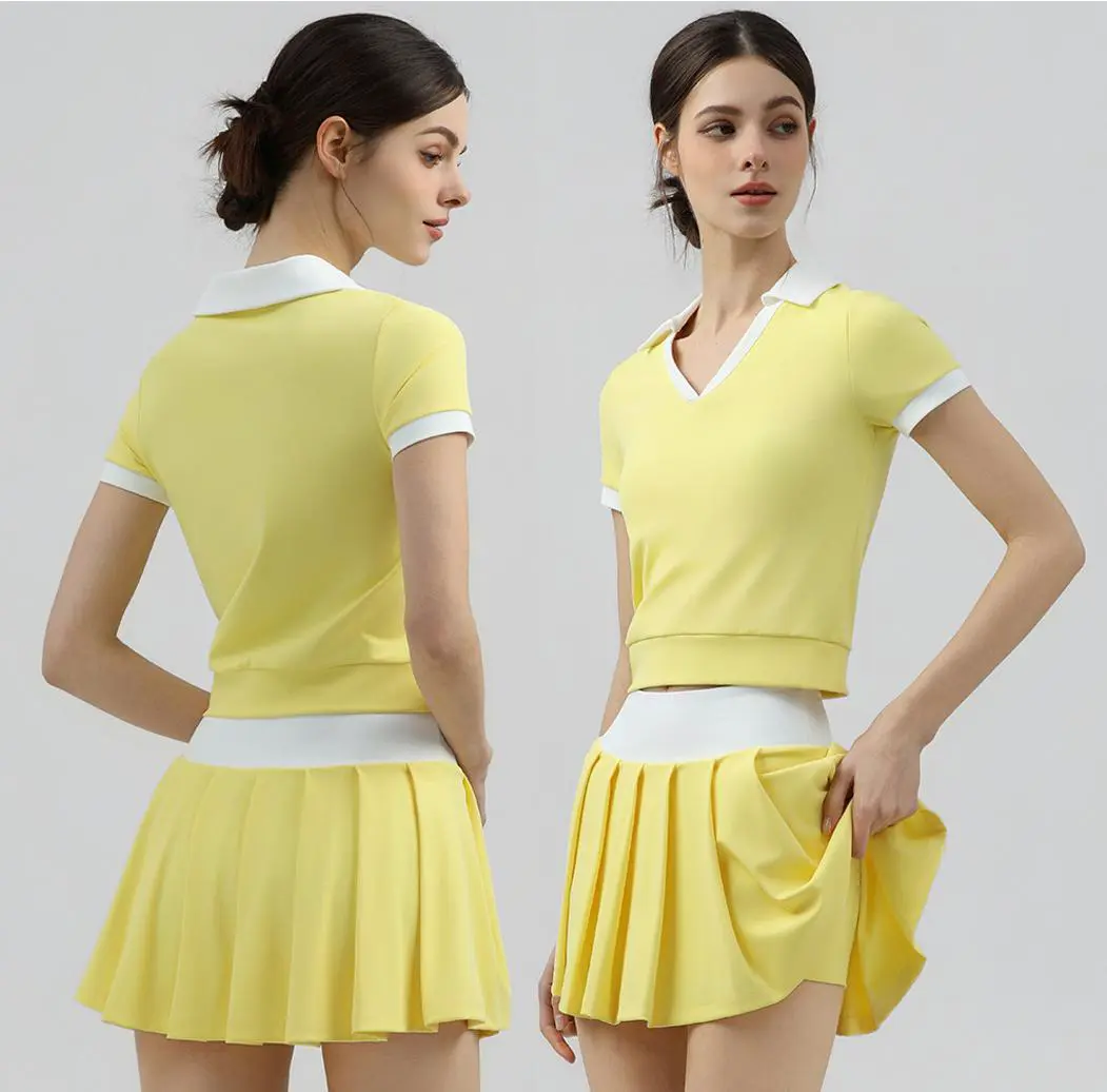 Ladies Summer Golf Tennis Wear Suit Color-Blocked Neck Short Sleeves Top & Pleated Skirt Active Wear Gym Fitness Yoga Set