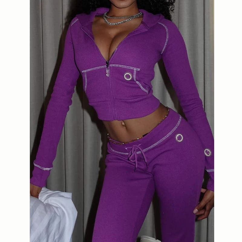 Hot Sell Waffle Knit 2-piece Set High-Waist Zip Hoodie Drawstring Flare Pants Tight Fit Yoga Set Sportswear Tracksuit for Women