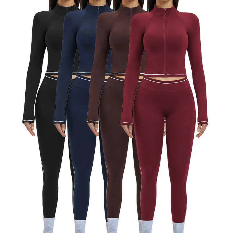 TZ3562-6 Women's Girls Stretchy New Model Custom Logo Yoga Wear Comfort Gym Fitness Two Tone Zipper Jacket and Legging Set