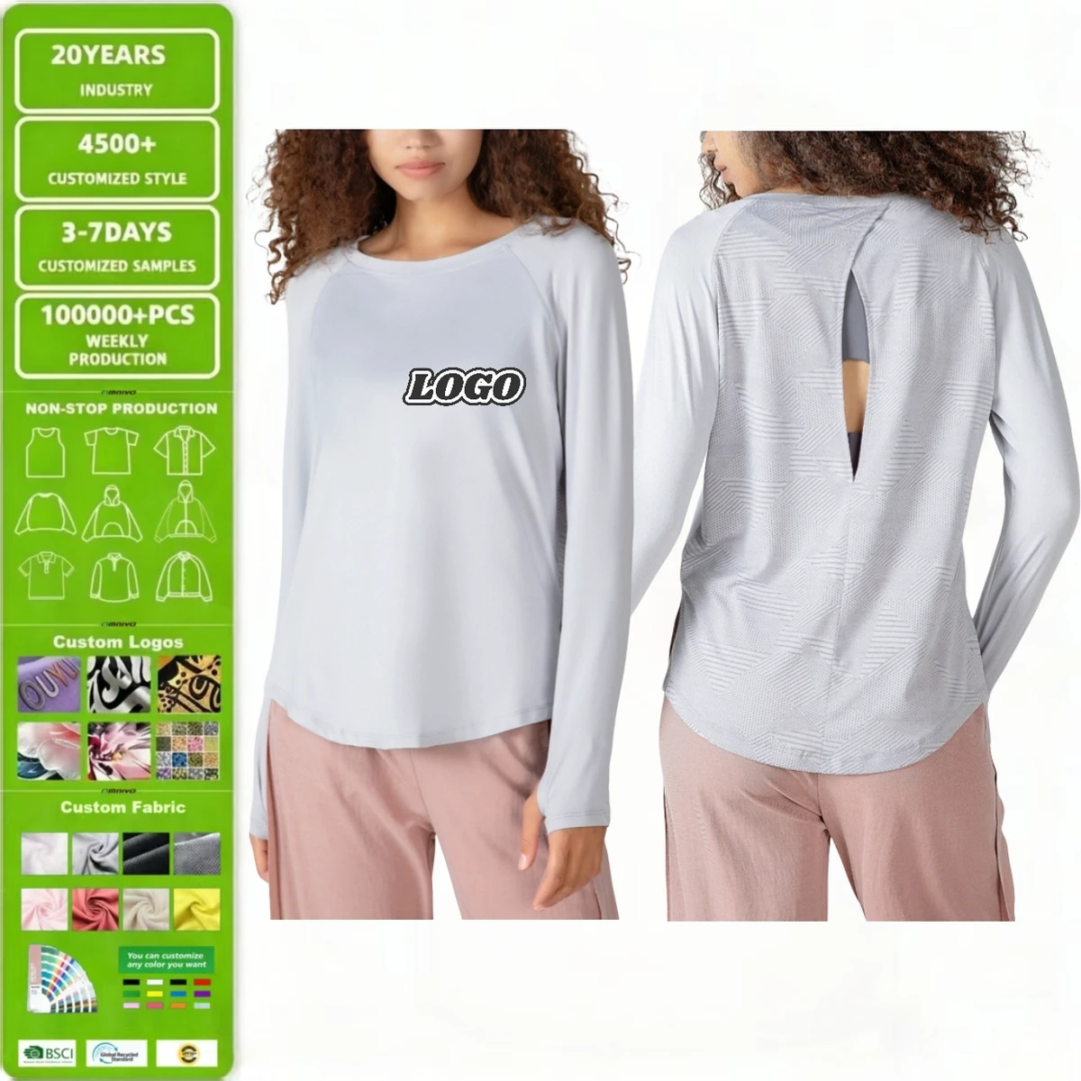 Wholesale Women's Tee Loose Sports Running T-shirts Long Sleeve Custom logo Quick-Dry Yoga Wear 88% Polyester 12% Spandex