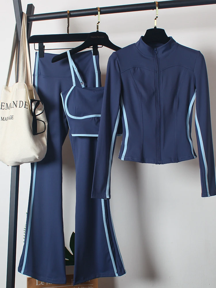 Women's Yoga Sports Suit Autumn Winter High Waist Flared Pants Slimming Quick Dry Striped Three-piece Set SY Zippers