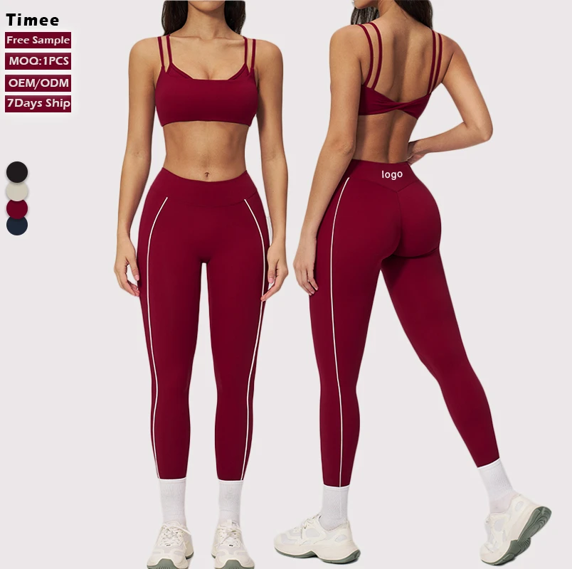 New Arrival Naked Feeling High Waist Butt Lifting Double Strap Twist Back White Contrast Piping Yoga Set for Women Gym Workout