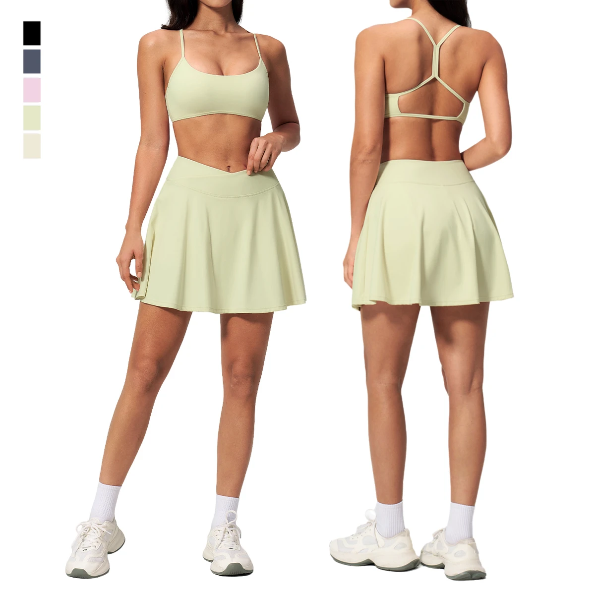 Women's Solid Tennis Suit 2 Piece Golf Set Cross Back Sling Sports Bra Elastic Cross Waist Gym Skirt Soft Quick Dry Fitness Yoga