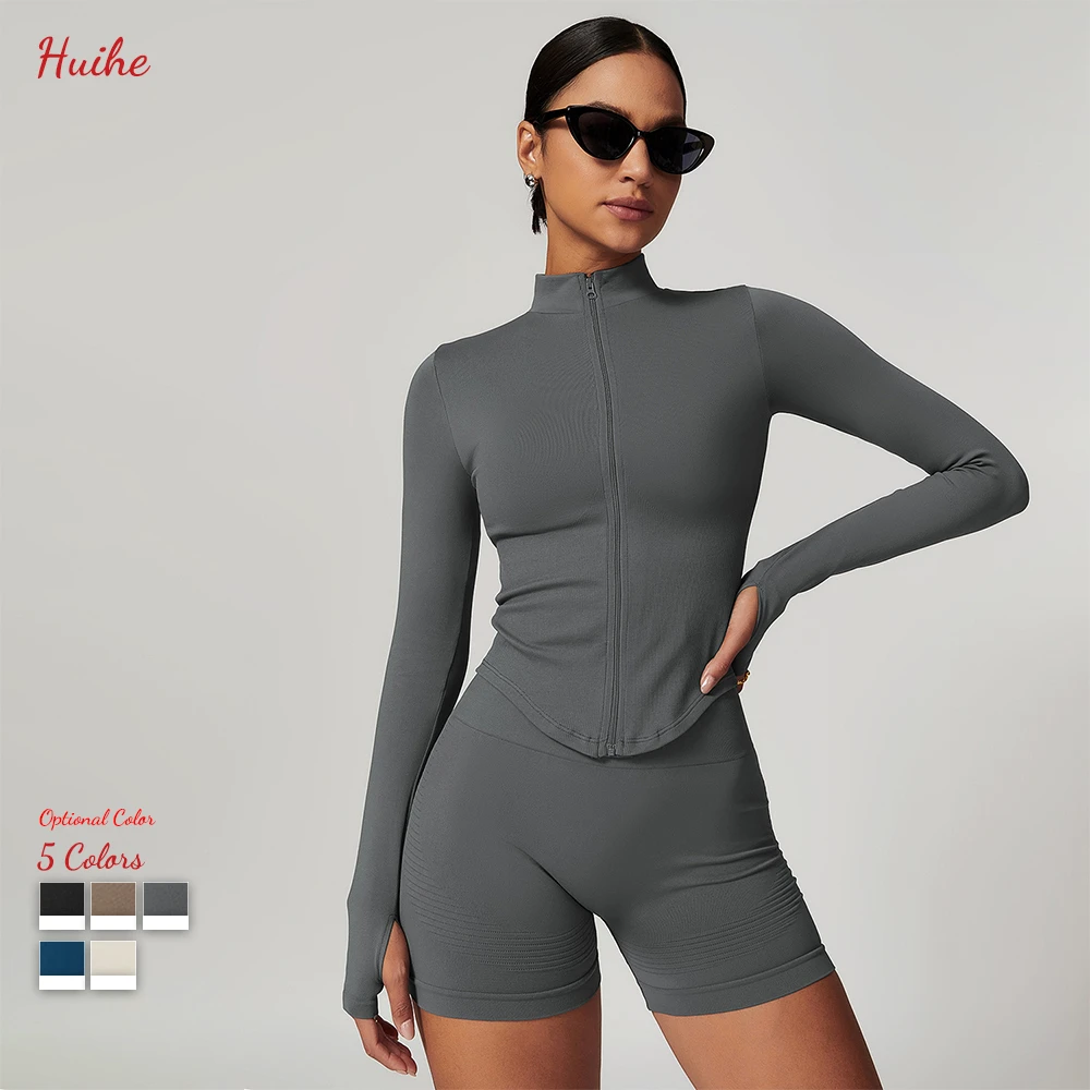 HUIHE Stand up Collar Zipper Long Sleeved Yoga Jacket Women'S Tight Fitting Quick Drying Yoga Suit Outdoor Fitness Sports Top