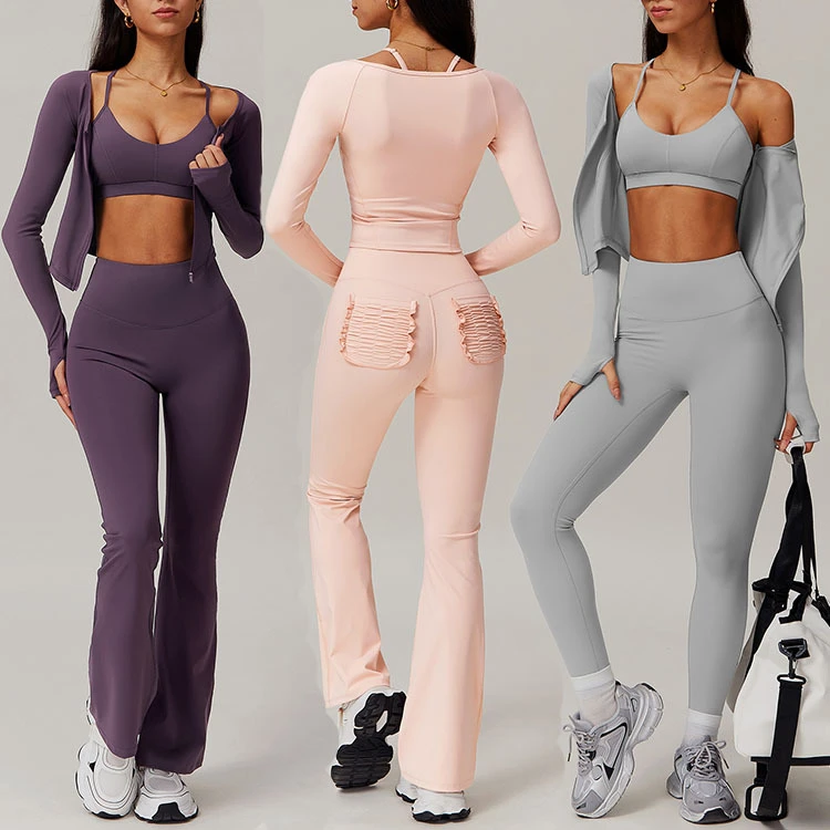 2025 New Women's Yoga Set Fitness Wear Top Gym Long Sleeve Zipper Jacket Quick Dry Bra High Waist Pocket Pants Leggings 4pcs Set