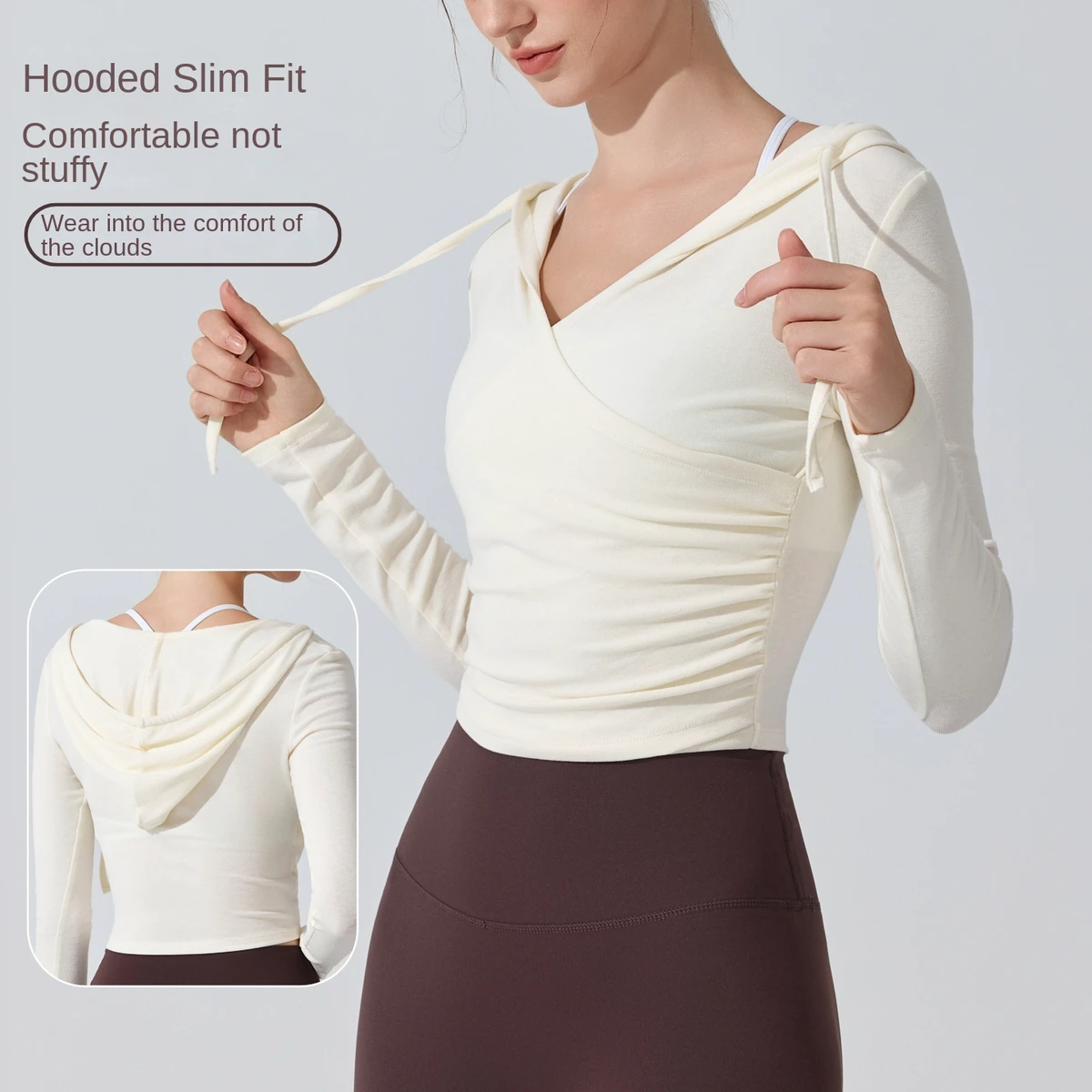 European American Cross-border Hooded Yoga Suit Long-sleeved Waist Slimming Running Sports Blouse Breathable Pilates Front