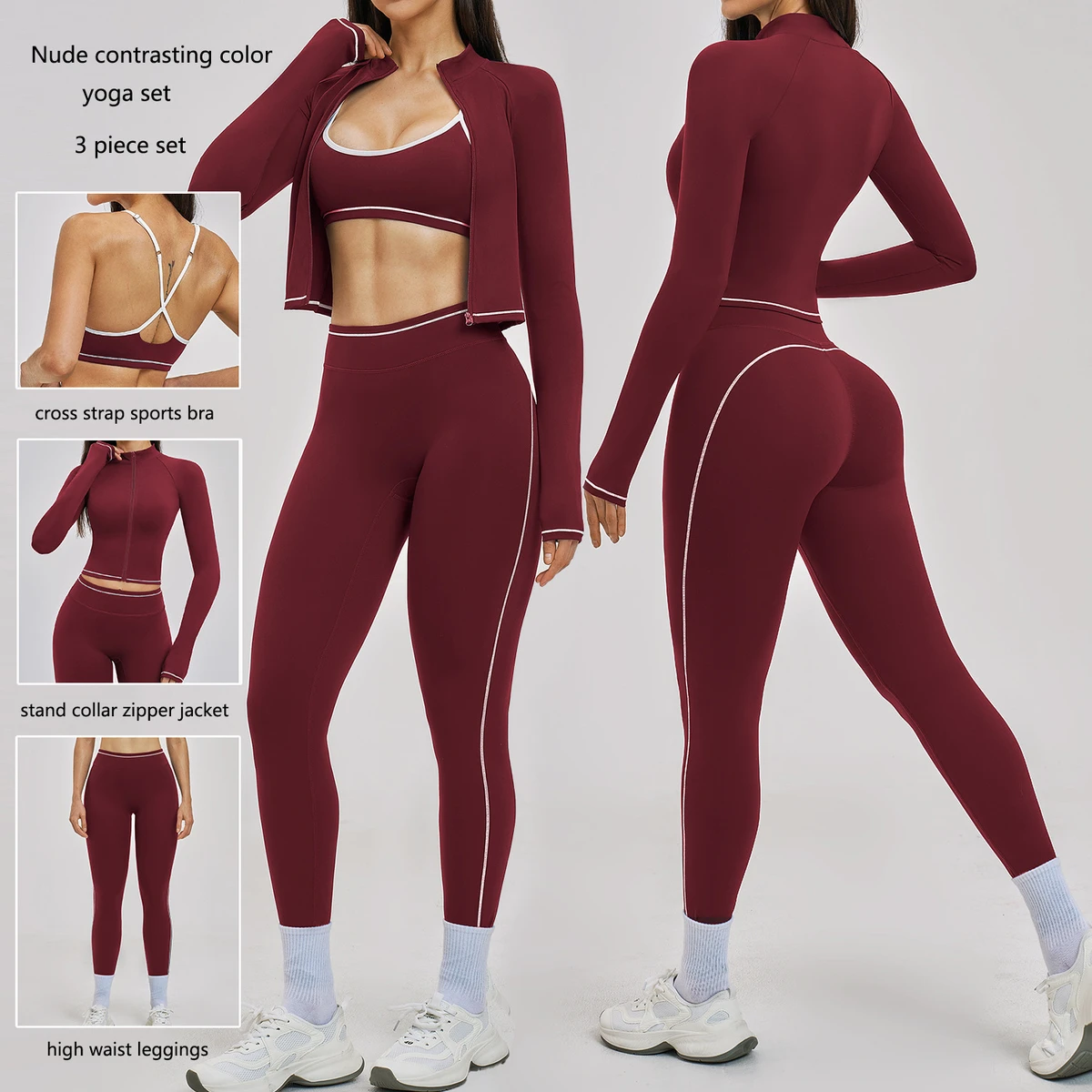 Color Block 3 Piece Yoga Fitness Set Women Windproof Zipper Slim Suit for Running Training Gym Workout and Daily Exercise