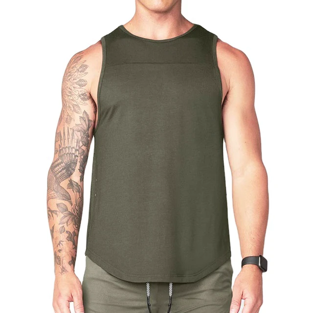 Men O-Neck Curved Hem Sleeveless Tank Top Gym Vest Eco-Friendly Breathable Polyester/Cotton Heavyweight 220g Solid High Street