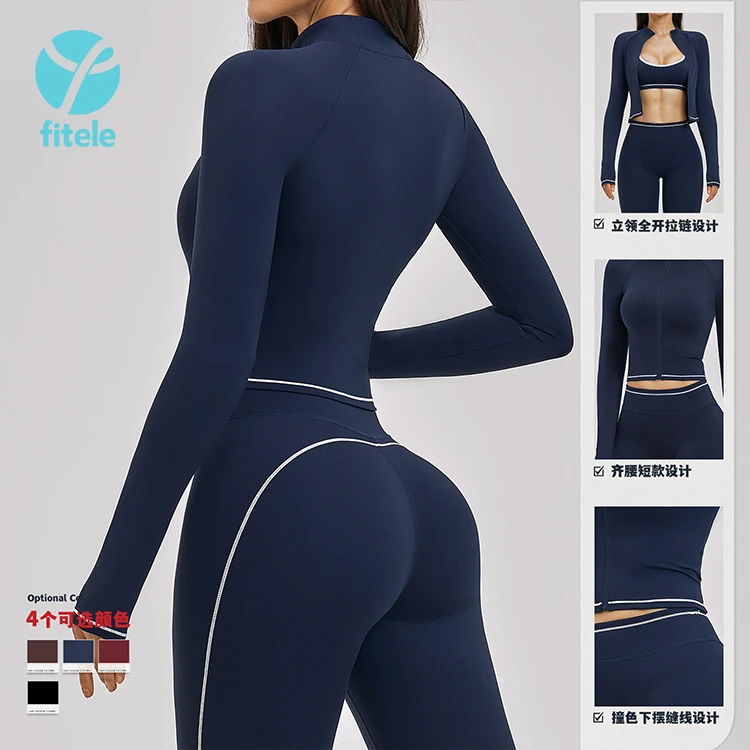 Women Yoga Jacket Stand Collar Running Top Contrast Stitch Long Sleeve Eco Friendly Soft Quick Dry Full Zipped Fitness Jacket