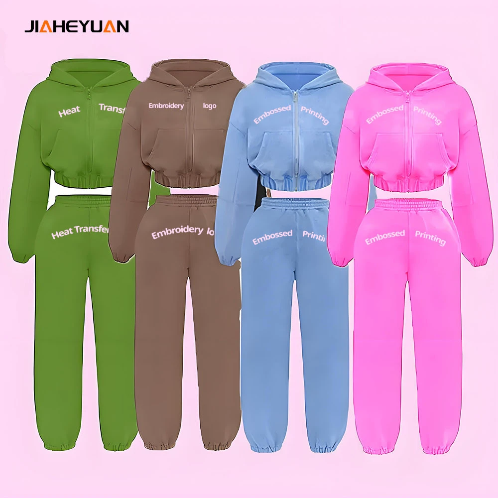 Workout Crop Top Zip Up Hoodies And Sweatpants Set Custom Vintage Jogger Set Streetwear 2 Piece Women Tracksuits Set