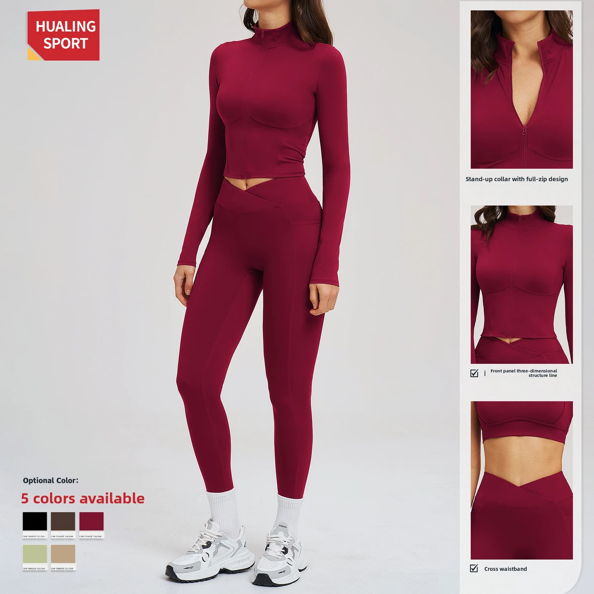 Women's Slim Fit 2 Piece Activewear Set, Solid Nylon Spandex Zip up Track Jacket & Tummy Control Leggings for Yoga Running