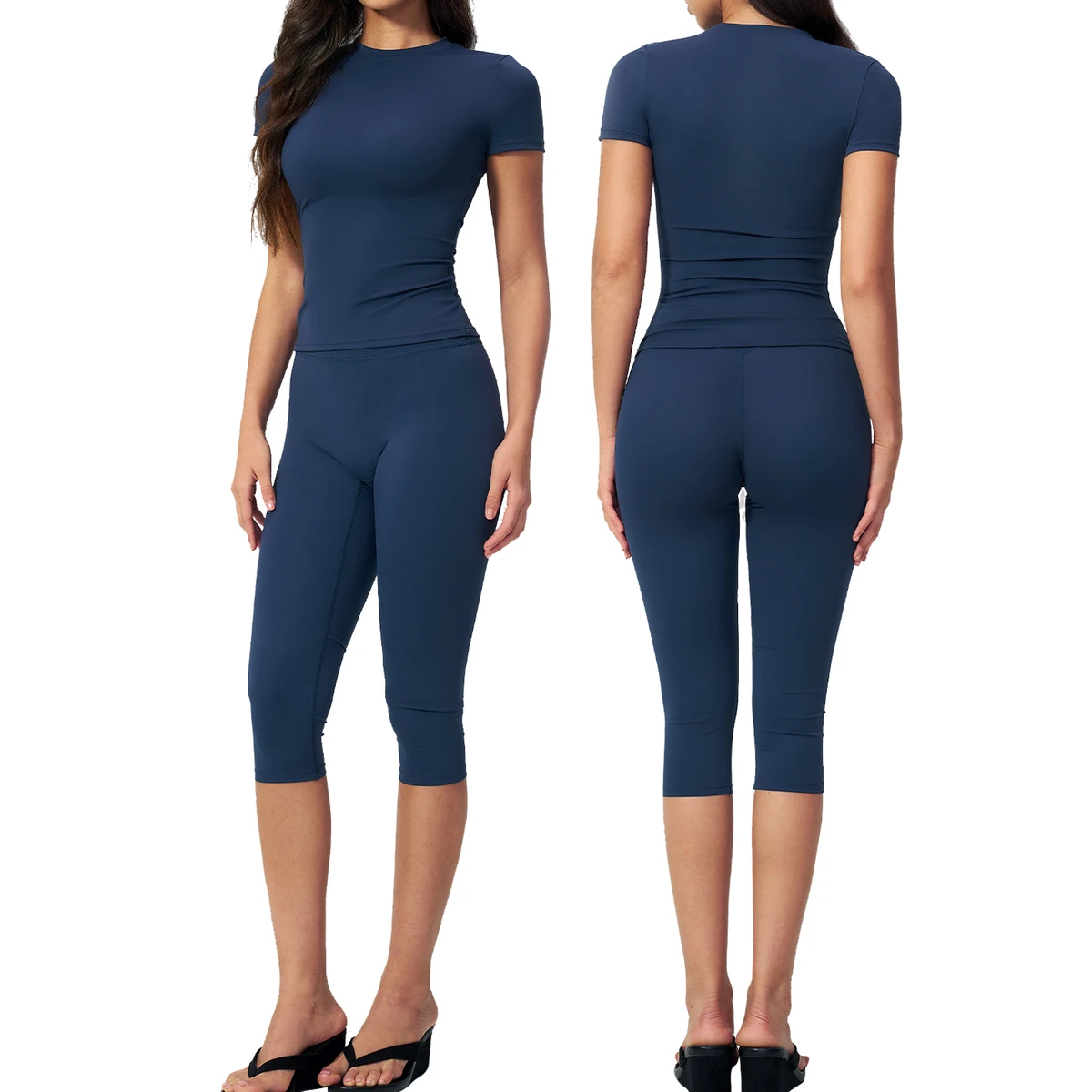 Cross-Border Breathable Tight Yoga Suit Body Shaping High Waist Quick-Drying Fitness 2-Piece Set Solid Shorts Sports Suit