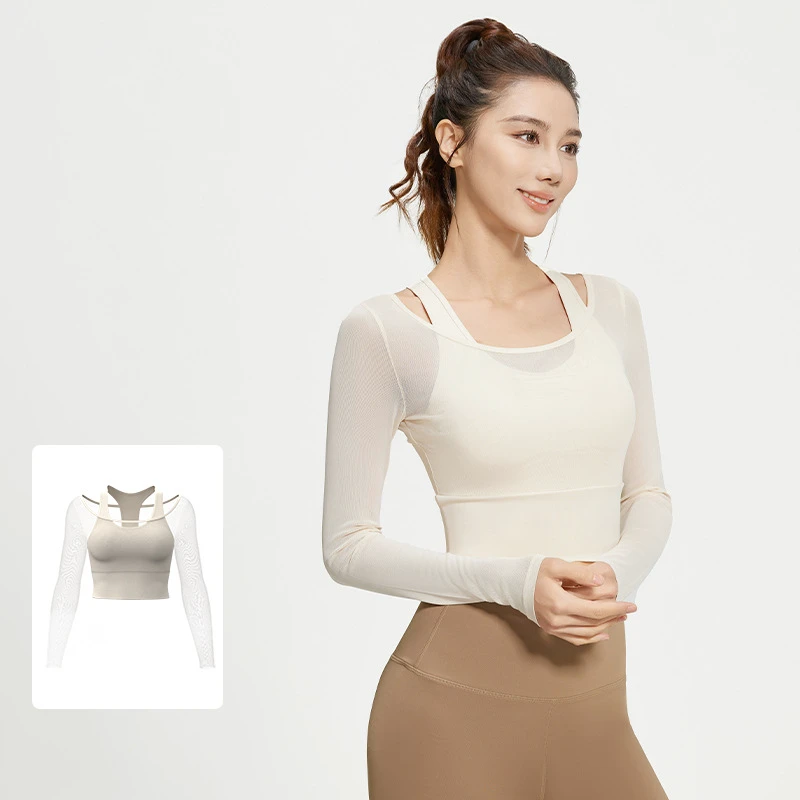 Free Design Sports Fitness Top Fake Two Pieces Long Sleeve Breathable Stretchy Sheer Mesh Yoga Tank Top