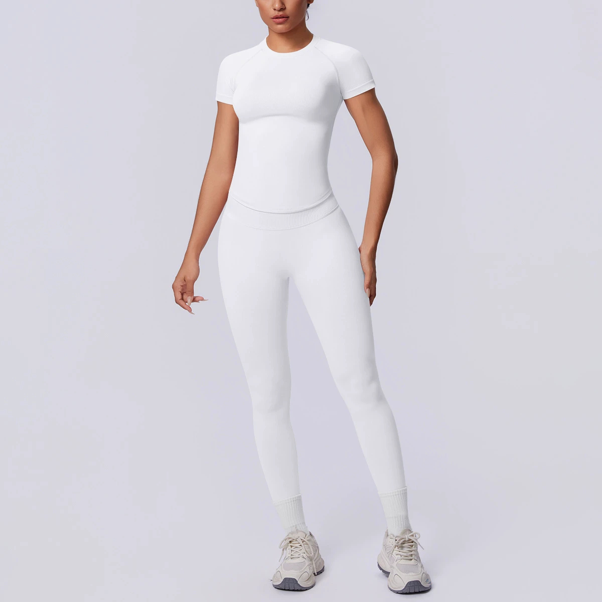 Wholesale European Size Seamless Knitted Spandex/Nylon Wrinkle-resistant Solid Color Tight Breathable Long Yoga Two-piece Set