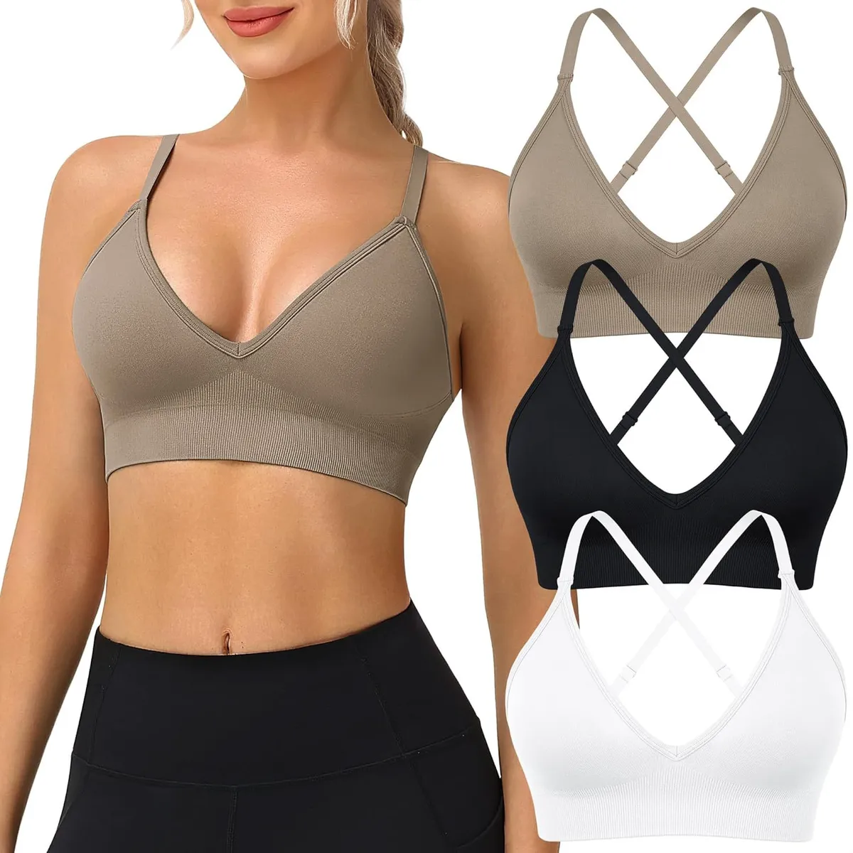 Sports Bras For Women Deep V Neck Criss Cross Back Padded Adjustable Spaghetti Strap Yoga Fitness Bralettes 3 Pack