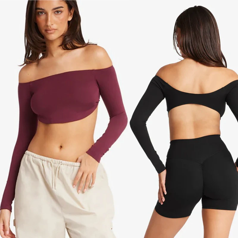 Aoyema Women Sports Wear Sexy Long Sleeve T-Shirt One Line Neck Off Shoulder Solid Color Elastic Slim Fit Yoga Gym Wear Crop Top