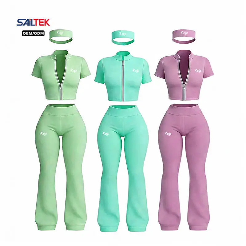 Custom Zipper Yoga Top and High Waist Flare Pants Set Fitness Activewear Workout Tall Girl Friendly 2 Piece Women Sportswear
