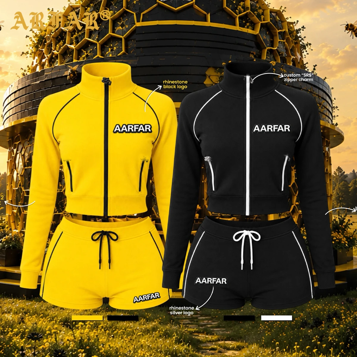 Custom Logo Stand Collar Contrast Piping Zip Pocket Crop Jacket Booty Shorts Women 2 Piece Activewear Set for Streetwear