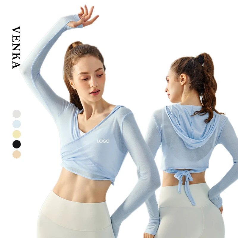 Women's Slim Fit Casual Yoga Long Sleeve Hooded Fitness T-Shirt Breathable V-Neckline Top with Seamless Design Plus Size Options