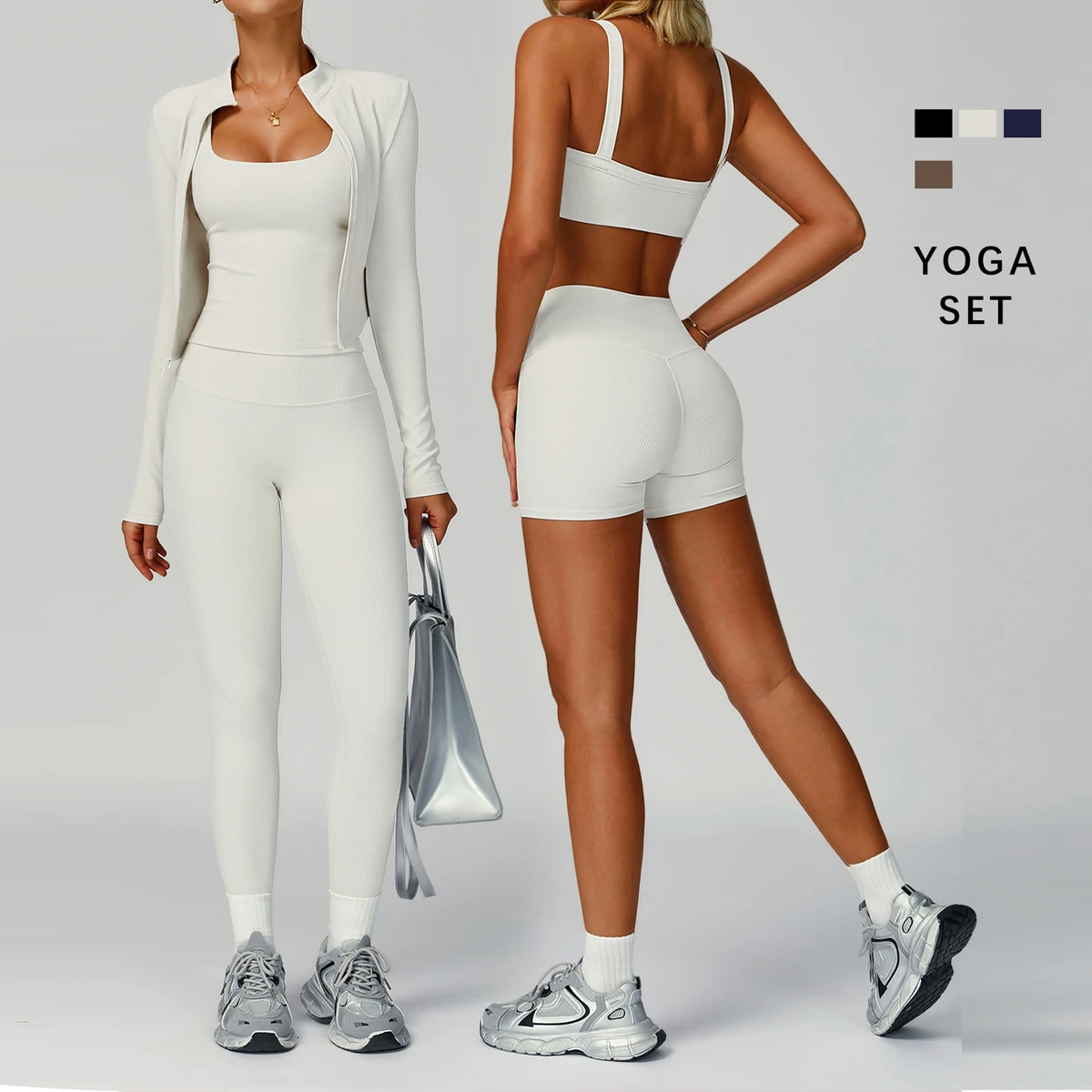 2PC Skin-friendly Ribbed Comfortable Sports Activewear Flare Leggings Nude Feeling 4 Way Stretchy Yoga Set