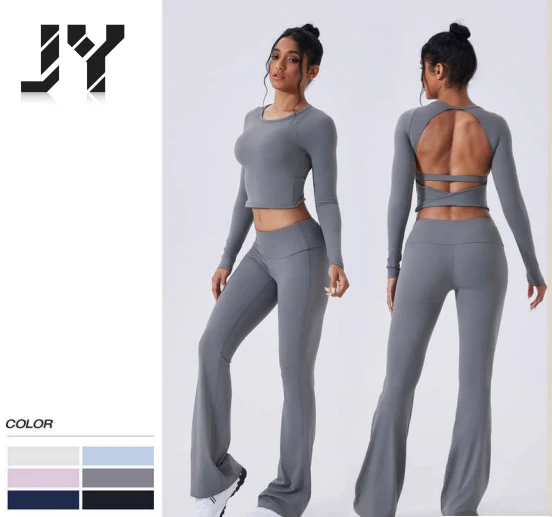 Joyyoung Flare Yoga Set Women Backless Long Sleeve Crop Top Bell Bottom Pants High Waisted Gym Fitness Workout Clothes Wear