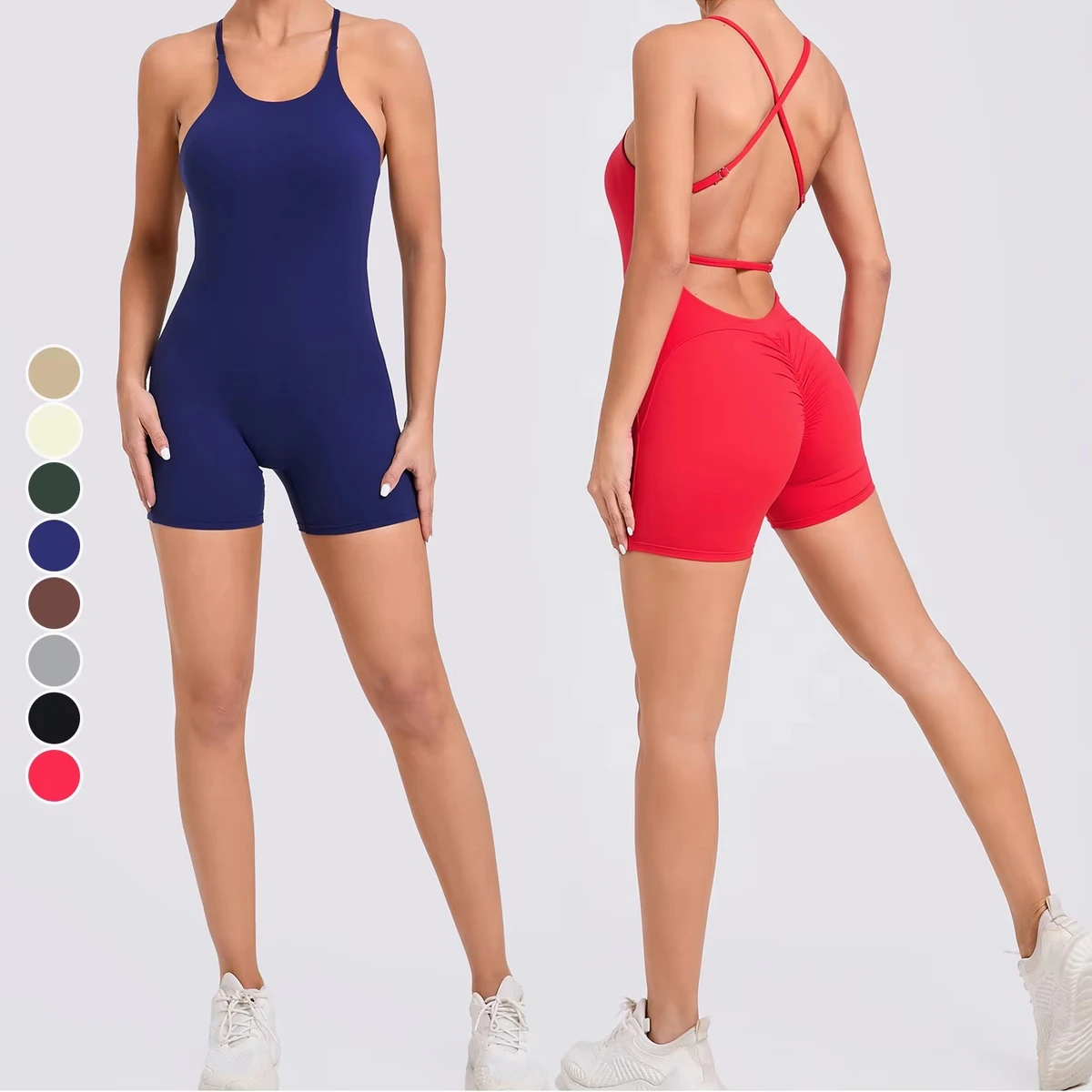 Wholesale Women's Sexy Solid Seamless Cross-Strap Backless Yoga Jumpsuit One-Piece Workout Athletic Bodysuit Tummy Control V