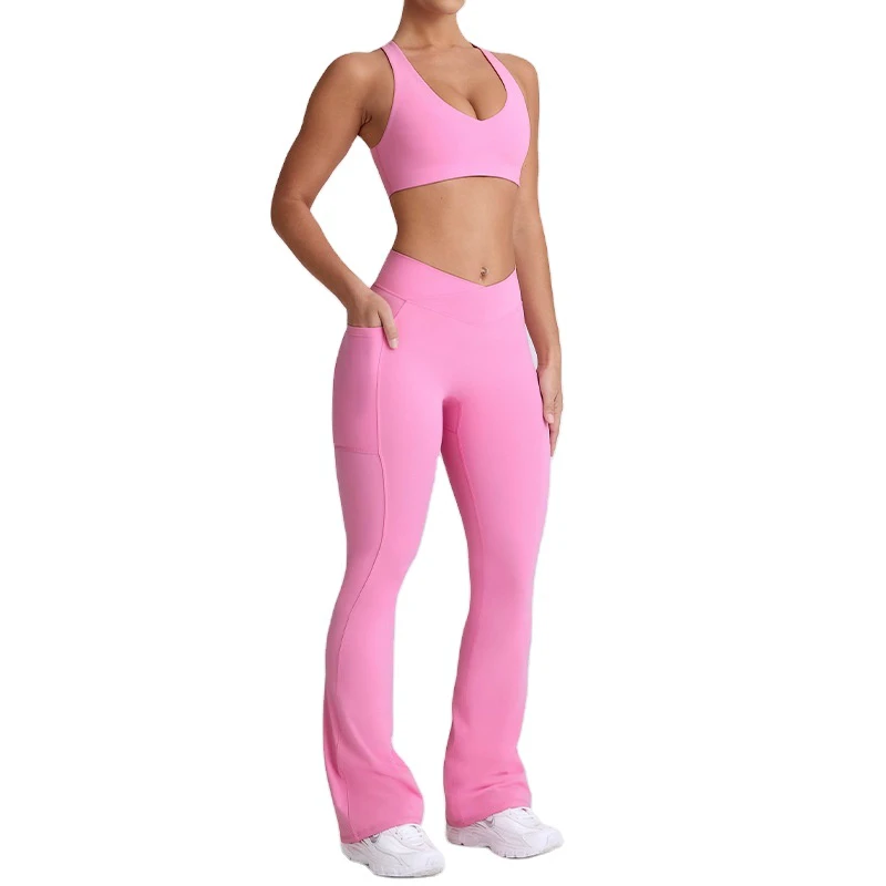 Women Girls High Quality Stretch Workout Athletic Yoga Active Fitness Fashion V Cut Side Pocket Gym Flare Pants and Bra Set