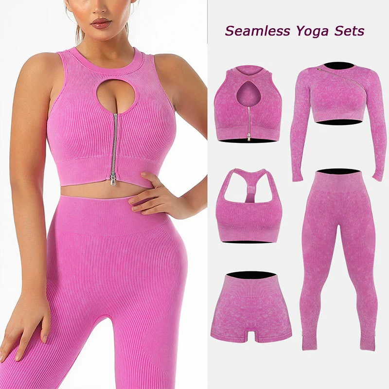 Wholesale Ladies 6Pcs Zipper Yoga Suit Activewear Fitness Sport Bra Legging Women Workout Sets Seamless Gym Wear