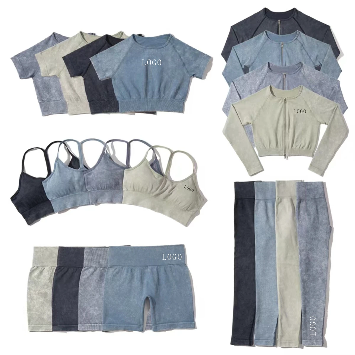 Women's Acid Wash 5 Piece Yoga Sets Seamless Sportswear Running Training Athletic Gym Fitness Clothing Set