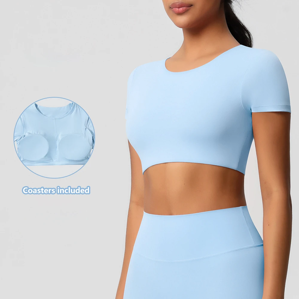 Women's Double-Sided Sanding Short Sleeve Yoga Top Cross-Border Nylon Pilates T-Shirt with Chest Pad for Running & Fitness