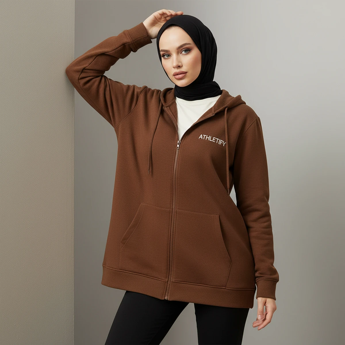Muslim Women Hooded Zip Jacket Long Solid Breathable Eco-Friendly Modest Loose Fit Sportswear Islamic Outer Layer Everyday