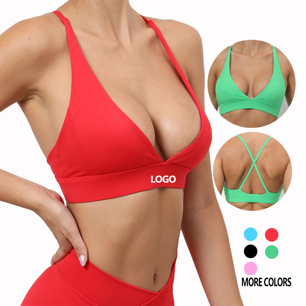 Joyyoung Sexy V Neck Sports Bra Women Criss Cross Back Seamless Yoga Bra High Elasticity Workout Gym Fitness Athletic Crop Top