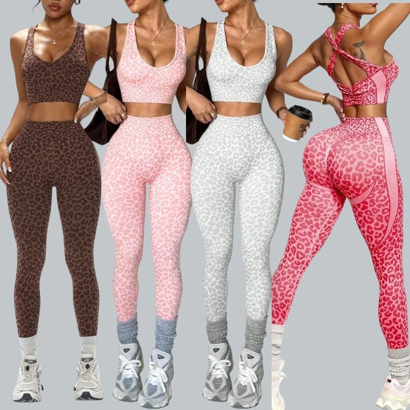 Back Cross Shoulder Straps High Lift Hip 2-Piece 3D Printed Leopard Adjustable Strap Elastic Waist Quick-Dry Yoga Sets