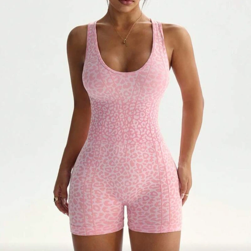 Custom Seamless Leopard Gym Fitness Print Cross Strap Jumpsuit Shorts Yoga Clothes Tight High Stretch Bodysuit Sportswear